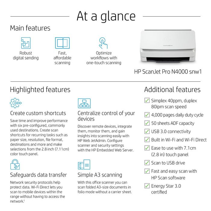 HP Scanner ScanJet Pro N4000 snw1 à alimentation automatique feuille à feuille - Numérisation recto verso jusqu'à 40 ppm / 80 ipm - Chargeur ADF 50 pages