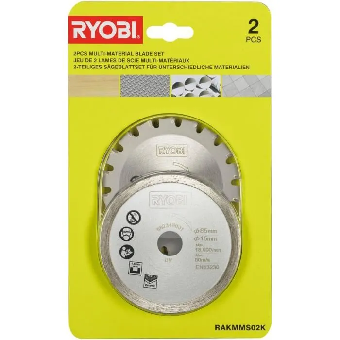 Ryobi Kit de 2 lames 85 mm alésage 15 mm pour scie multimatériaux R18MMS - RAKMMS02K (1 lame bois/métal, 1 lame carrelage)