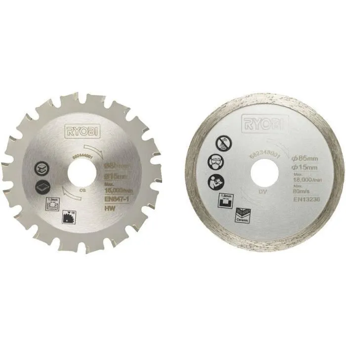 Ryobi Kit de 2 lames 85 mm alésage 15 mm pour scie multimatériaux R18MMS - RAKMMS02K (1 lame bois/métal, 1 lame carrelage)