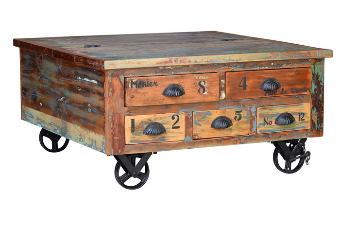 GINER Y COLOMER - Table basse en bois recyclé multicolore avec 5 tiroirs et roulettes - 90 x 90 x 40 cm GINER Y COLOMER - Table basse en bois recyclé multicolore avec 5 tiroirs et roulettes - 90 x 90 x 40 cm