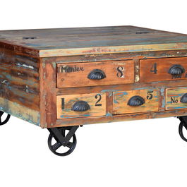 GINER Y COLOMER - Table basse en bois recyclé multicolore avec 5 tiroirs et roulettes - 90 x 90 x 40 cm