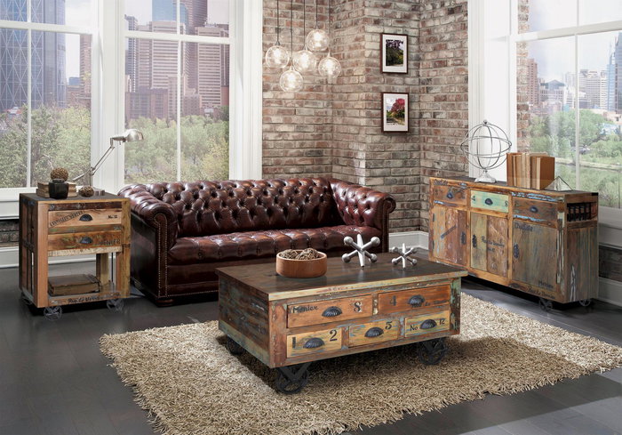 GINER Y COLOMER - Table basse en bois recyclé multicolore avec 5 tiroirs et roulettes - 90 x 90 x 40 cm GINER Y COLOMER - Table basse en bois recyclé multicolore avec 5 tiroirs et roulettes - 90 x 90 x 40 cm