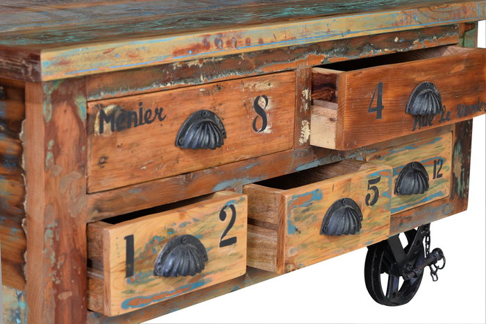 GINER Y COLOMER - Table basse en bois recyclé multicolore avec 5 tiroirs et roulettes - 90 x 90 x 40 cm GINER Y COLOMER - Table basse en bois recyclé multicolore avec 5 tiroirs et roulettes - 90 x 90 x 40 cm