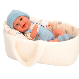 Muñecas Arias - Poupée bébé Gadi Elegance 33 cm - Ensemble en laine bleu avec berceau et sucette - Corps en vinyl parfumé vanille