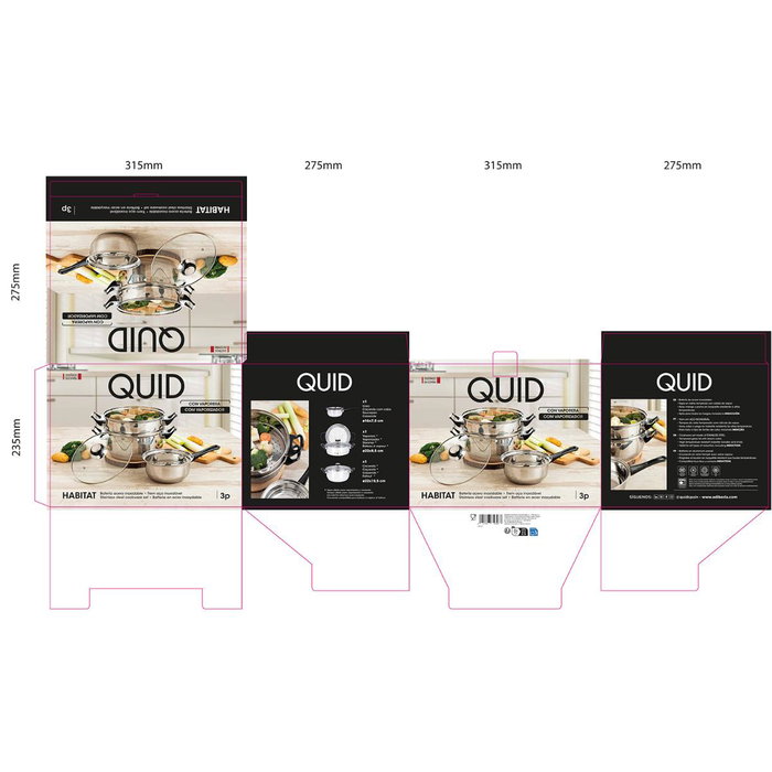 Quid Set Vaporera Cacerola Cazo Acero Inox Habitat 22 cm 16 cm 3 Pièces Induction Vitrocerámica Gas Eléctrico