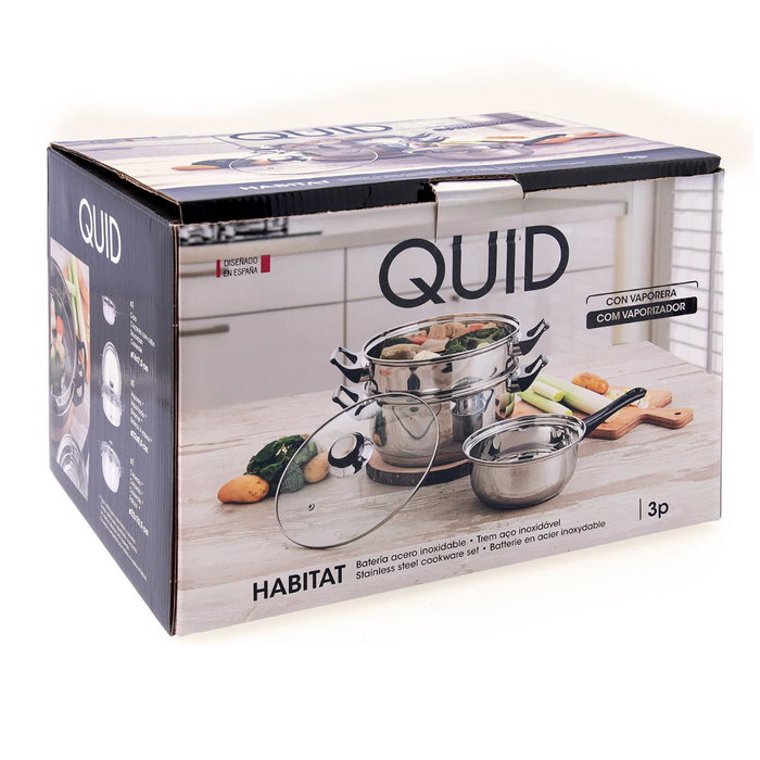 Quid Set Vaporera Cacerola Cazo Acero Inox Habitat 22 cm 16 cm 3 Pièces Induction Vitrocerámica Gas Eléctrico