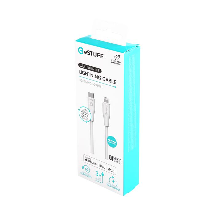 eSTUFF Câble INFINITE USB-C vers Lightning 3 m Blanc Certifié MFi eSTUFF Câble INFINITE USB-C vers Lightning 3 m Blanc Certifié MFi