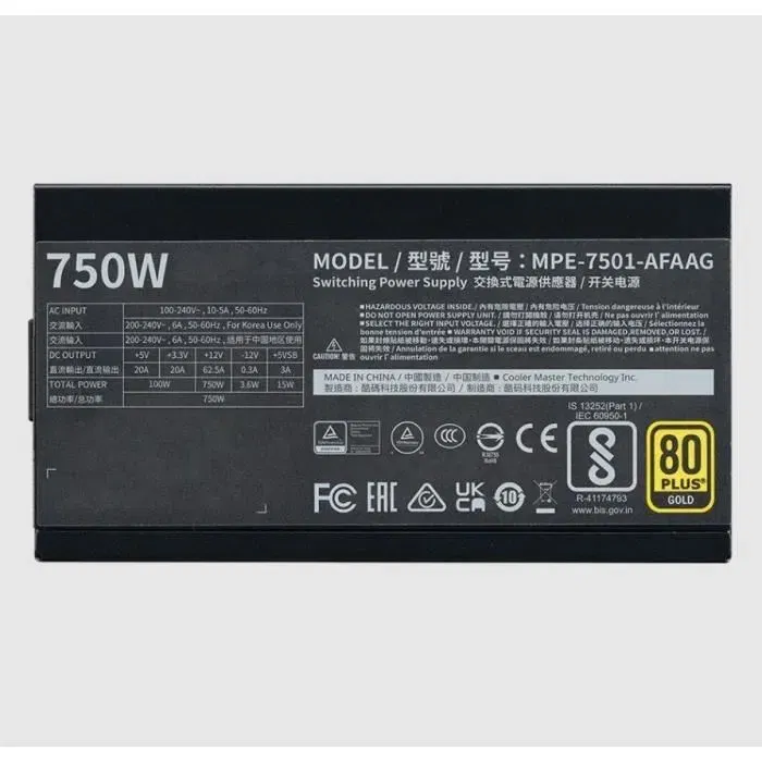 Cooler Master MWE Gold 750W V2 ATX3.1 - Alimentation PC 750W 80 PLUS Gold Semi-modulaire - ATX 12V v2.52 - 1x ATX 24 broches, 1x EPS, 4x PCIe, 6x SATA