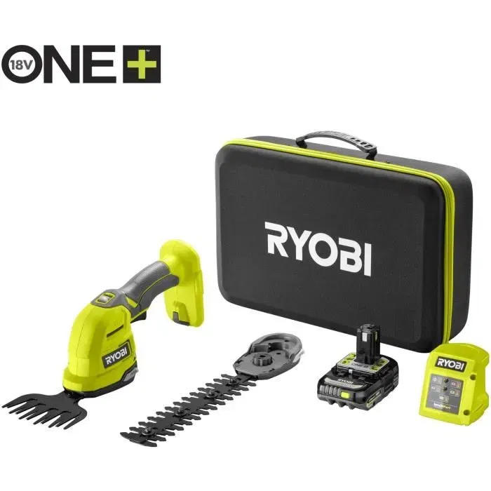 Ryobi RY18GSA-120T Cisaille à gazon sculpteur de végétaux 18V ONE+, Malette de rangement, batterie 2.0 Ah et chargeur