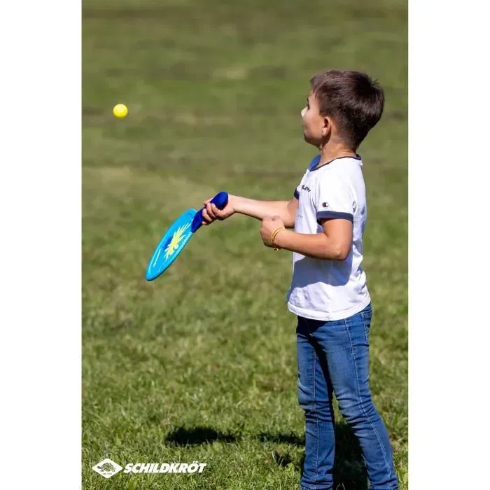 SCHILDKROT - 2 Raquettes de Beachball en Néoprene Jaune Neon/Bleu avec Bagues Vertes - 2 Balles 40mm - Effet Trampoline - Sac Filet Refermable