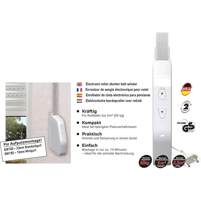 Enrouleur de sangle électrique pour volet roulant superrollo GW185 – 14/15 mm – câble 1,5 m – blanc Enrouleur de sangle électrique pour volet roulant superrollo GW185 – 14/15 mm – câble 1,5 m – blanc