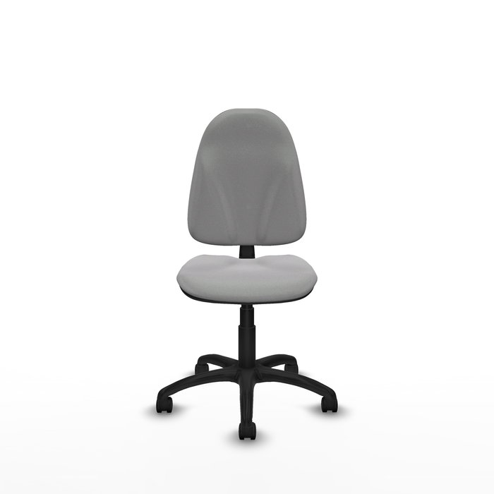 Chaise de bureau Algarra avec mécanisme de contact permanent de base, rembourrée de tissu gris clair. Équipée d'une base en polyamide noir, sans accoudoirs et de roulettes en nylon de 50 mm.