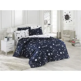 Parure de lit King - Housse de couette 220 x 240 cm + 2 taies d'oreiller 60 x 60 cm - 65% coton 35% polyester - Blanc et bleu foncé - 120 fils