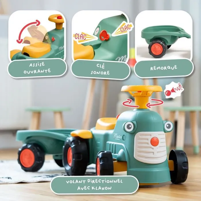 Falk Porteur tracteur Maurice avec remorque et volant directionnel - Jouet d'éveil en plastique recyclé pour enfant dès 12 mois - Fabriqué en France