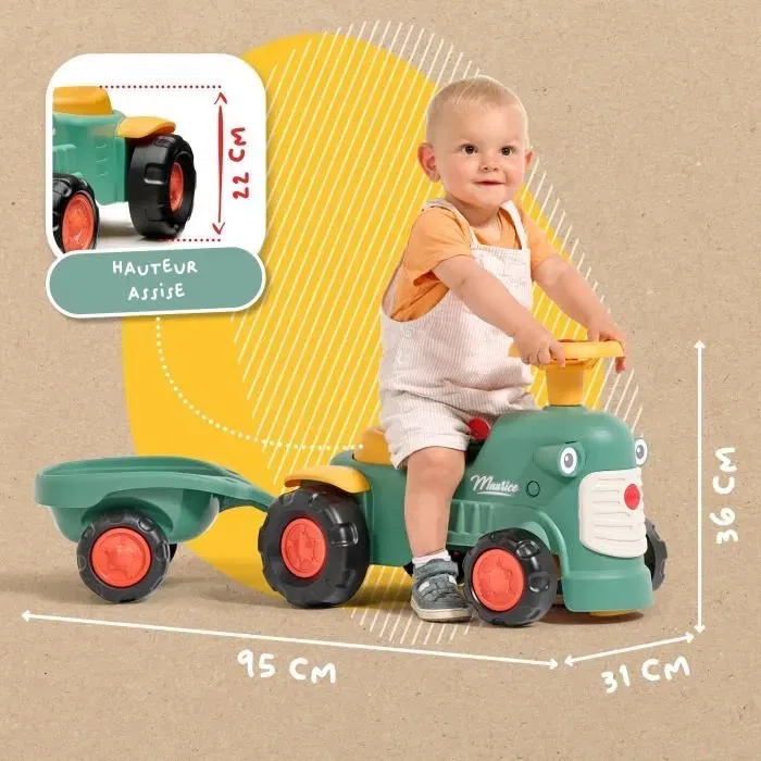 Falk Porteur tracteur Maurice avec remorque et volant directionnel - Jouet d'éveil en plastique recyclé pour enfant dès 12 mois - Fabriqué en France
