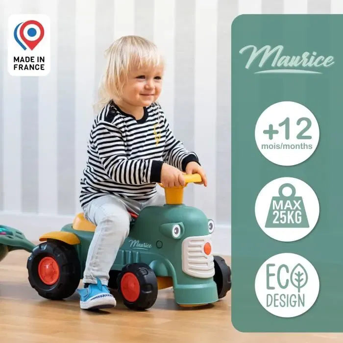 Falk Porteur tracteur Maurice avec remorque et volant directionnel - Jouet d'éveil en plastique recyclé pour enfant dès 12 mois - Fabriqué en France
