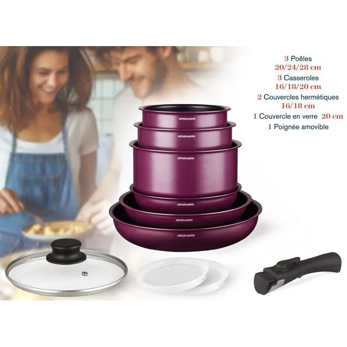 Arthur Martin Batterie de Cuisine AM2991, 10 Pièces en Aluminium, Revêtement Antiadhésif, Compatible Tous Feux Dont Induction, Couleur Prune