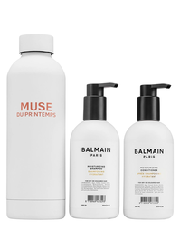 Balmain Professionnel - Coffret Soin Capillaire Hydratant à l'Huile d'Argan : Shampoing 300 ml + Après-shampoing 300 ml + Gourde en Acier Muse Du Printemps Blanc (Cadeau)