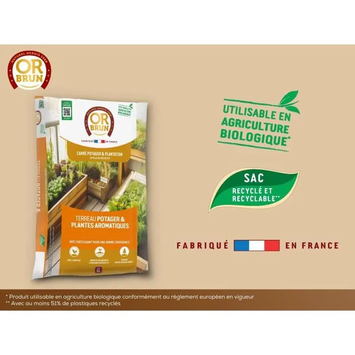 Or Brun Terreau Potager et Aromatiques OBRTARO6U 6 Litres - Croissance Rapide pour Tomates, Salades, Basilic - Rétention d'Eau avec Tourbe et Fibre de Coco