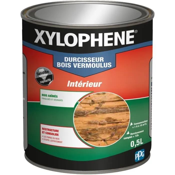 Xylophene Durcisseur pour bois vermoulu, 0,5 L - Traitement restructurant, consolidation des fibres, stoppe l'effritement - Pour meubles, objets et parquets