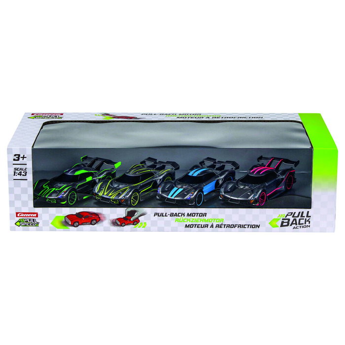 Carrera - Blister de 4 voitures miniatures Hypercars Pull Back - Jouet à friction - Échelle 1:43 - Pour enfants à partir de 3 ans Carrera - Blister de 4 voitures miniatures Hypercars Pull Back - Jouet à friction - Échelle 1:43 - Pour enfants à partir de 3 ans