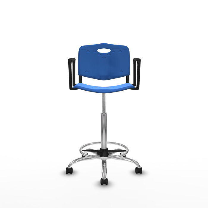 Tabouret Taburete Robledo Pivotant Chlorure de polyvinyle Bleu Structure chromée Accoudoirs fixes Sans appui-tête Roulettes pour moquette