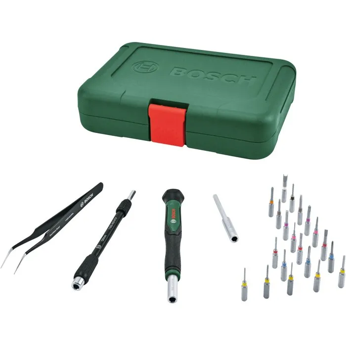 Bosch Jeu de 24 Tournevis de Précision avec Embarquement de 20 Embouts (PH000, SL, TX, HEX) pour Électronique, Lunettes et Montres