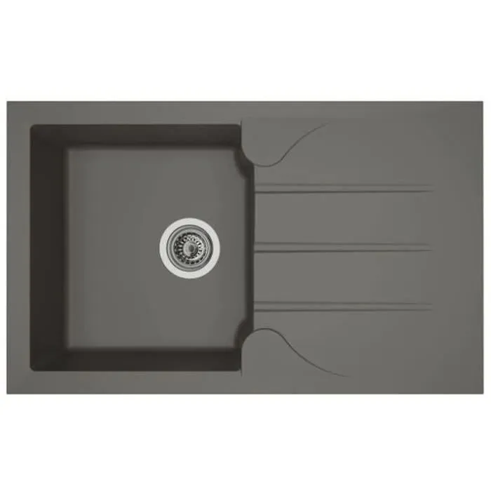 Stradour Evier de cuisine Aloa, 1 bac + 1 égouttoir, résine, réversible, vidage manuel bonde 90 mm, gris béton, 81 x 50 cm