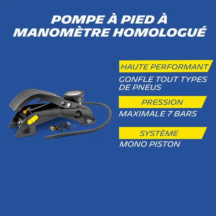 Michelin Pompe à pied avec manomètre homologuée 7 Bar - Modèle 2023 - Flexible 60 cm - Embouts inclus - Pour voiture, moto, vélo, 4x4