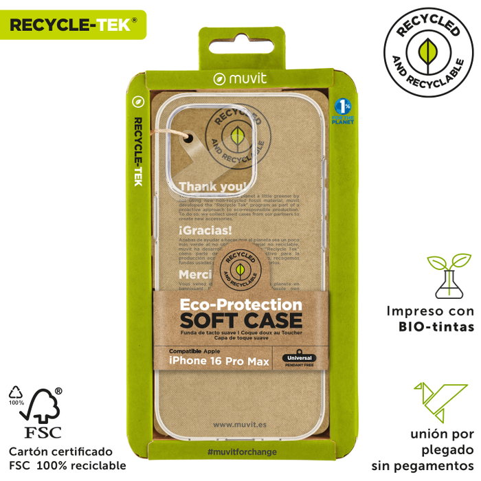 Muvit Coque Recycletek pour Apple iPhone 16 – Protection durable en matériaux 100% recyclés, flexible et écologique