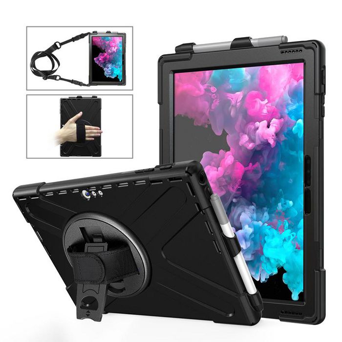 eSTUFF Housse de protection Defender AUSTIN pour Microsoft Surface Pro 7+/7/6/5/4, avec support rotatif 360 degres et sangle, sans verre frontal - Noir