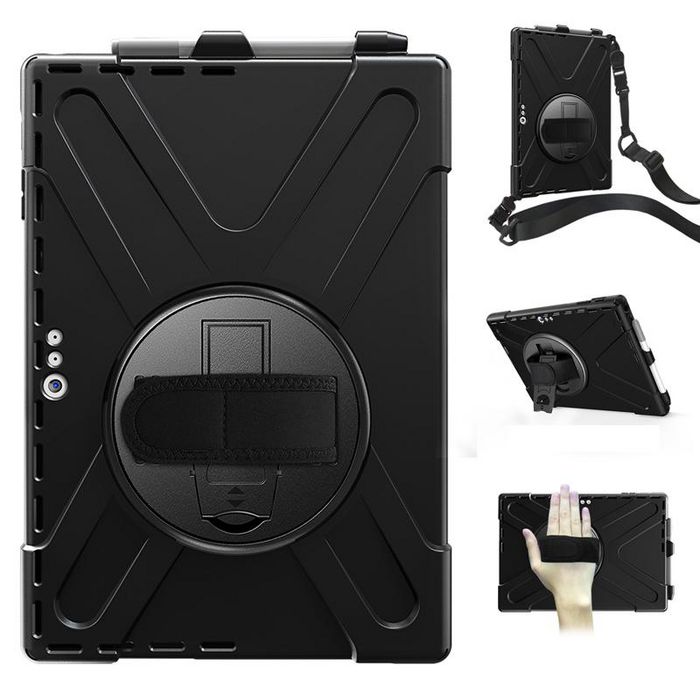 eSTUFF Housse de protection Defender AUSTIN pour Microsoft Surface Pro 7+/7/6/5/4, avec support rotatif 360 degres et sangle, sans verre frontal - Noir