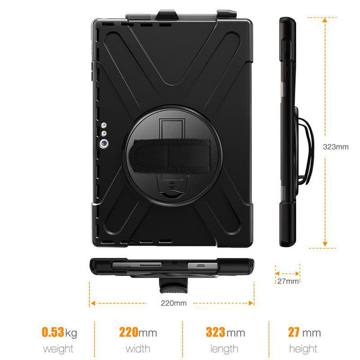 eSTUFF Housse de protection Defender AUSTIN pour Microsoft Surface Pro 7+/7/6/5/4, avec support rotatif 360 degres et sangle, sans verre frontal - Noir