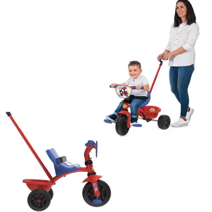 Smoby Tricycle Evolutif Be Fun Spidey pour Enfant de 15 Mois à 3 Ans avec Canne Parentale Réglable, Ceinture de Sécurité, Siège Ergonomique, Roue Libre et Verrouillage Direction