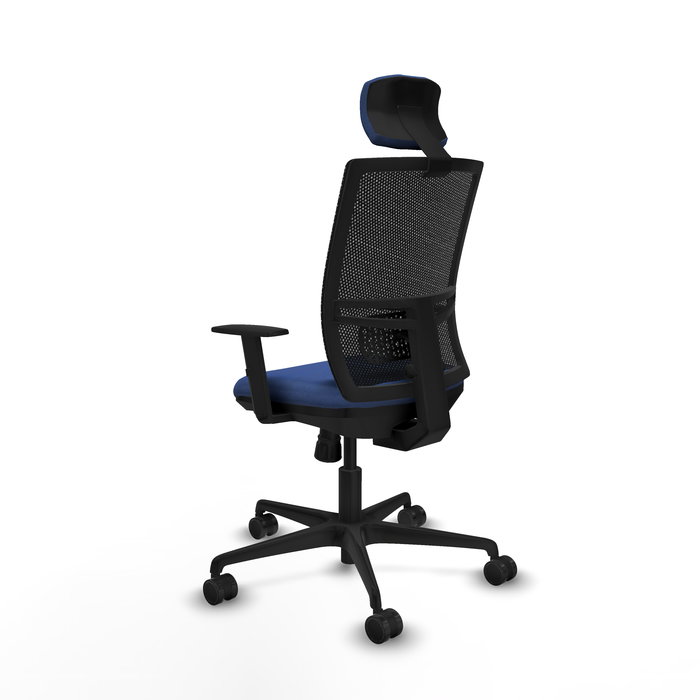 Chaise Yunquera Synchro 4 positions tissu Bleu foncé Maille Noir Base en nylon noir Accoudoir 1D Appui-tête 1D Roulettes 65mm nylon
