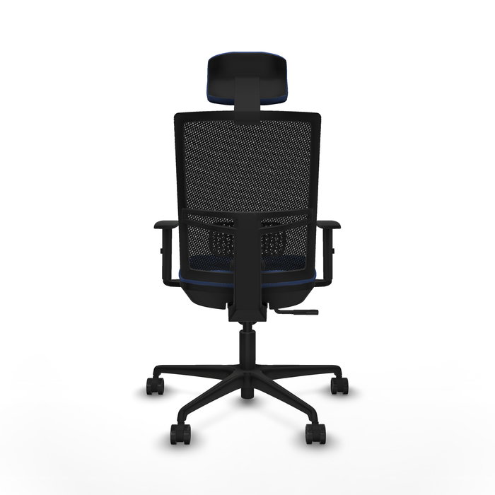 Chaise Yunquera Synchro 4 positions tissu Bleu foncé Maille Noir Base en nylon noir Accoudoir 1D Appui-tête 1D Roulettes 65mm nylon