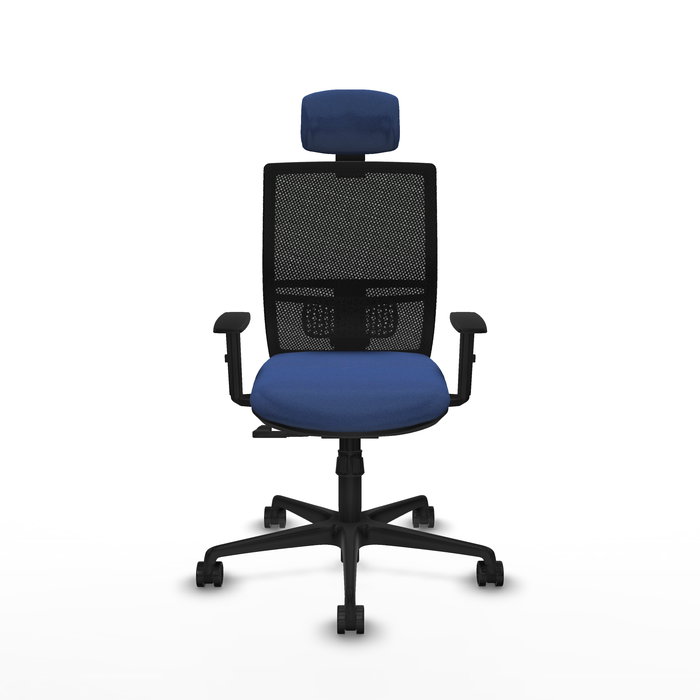 Chaise Yunquera Synchro 4 positions tissu Bleu foncé Maille Noir Base en nylon noir Accoudoir 1D Appui-tête 1D Roulettes 65mm nylon