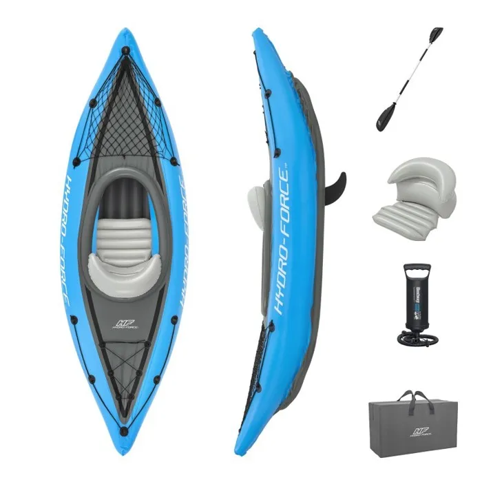 Bestway Kayak gonflable Cove Champion Hydro-Force 1 place - 275 x 81 cm, Inflata-Shield, avec pagaie aluminium, pompe Air Hammer, ailerons amovibles et sac de transport