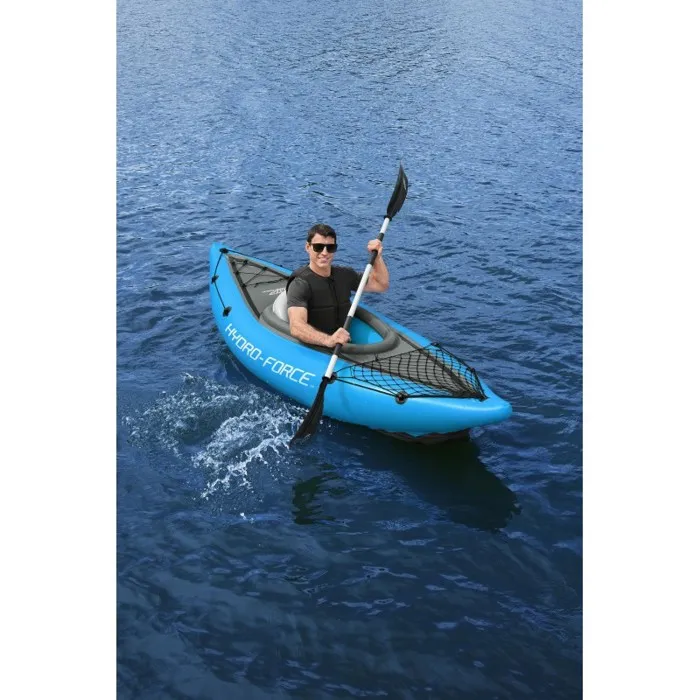 Bestway Kayak gonflable Cove Champion Hydro-Force 1 place - 275 x 81 cm, Inflata-Shield, avec pagaie aluminium, pompe Air Hammer, ailerons amovibles et sac de transport