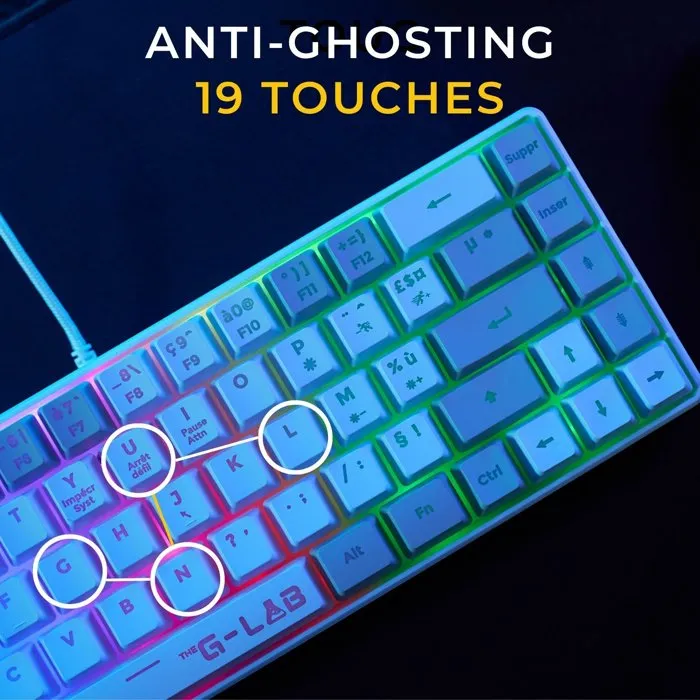 The G-Lab KEYZ-HYDRO-WG/FR - Clavier gamer filaire compact 60% AZERTY, rétroéclairé RGB, couleur gris et blanc - Switches confortables pour gaming