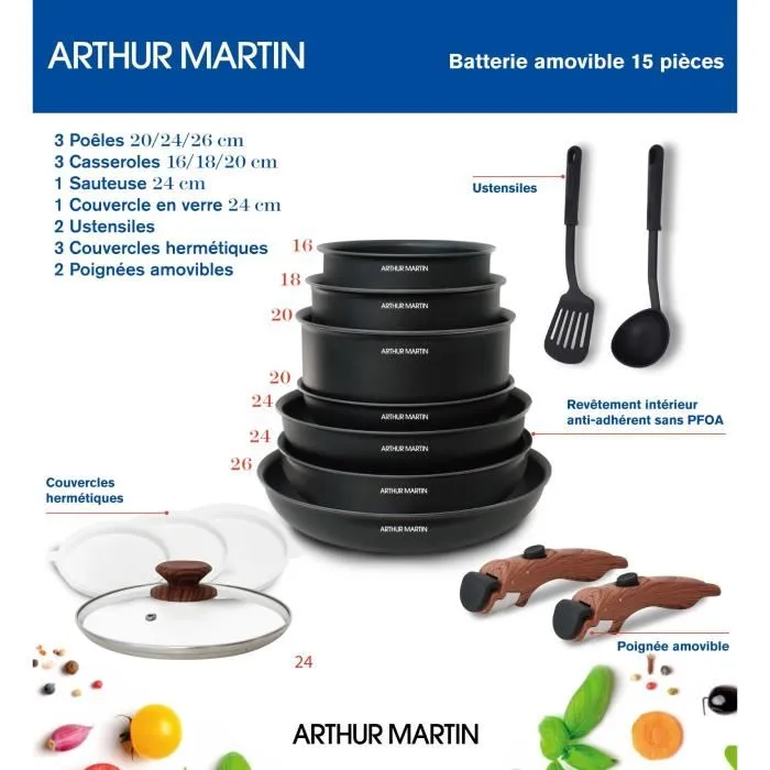 Arthur Martin AM1502 Ensemble d'ustensiles de cuisine 15 pièces avec manche amovible effet bois, compatible toutes sources de chaleur dont induction