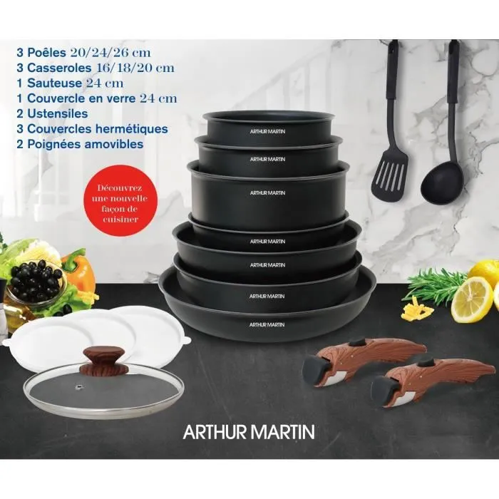 Arthur Martin AM1502 Ensemble d'ustensiles de cuisine 15 pièces avec manche amovible effet bois, compatible toutes sources de chaleur dont induction