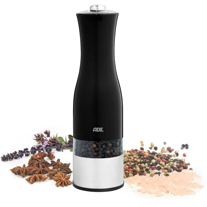 ADE Moulin à sel et poivre électrique - Broyeur céramique - Acier inoxydable - Noir - 22,5 cm - Inclus 6 piles AAA ADE Moulin à sel et poivre électrique - Broyeur céramique - Acier inoxydable - Noir - 22,5 cm - Inclus 6 piles AAA