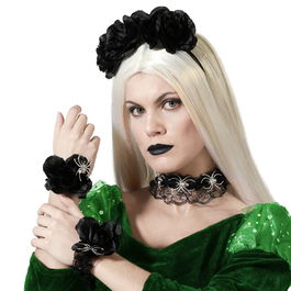 Dior Diablette - Ensemble Accessoires Halloween Noir Femme avec Diadème à Fleurs, Bracelets, Collier à Araignées pour Soirée Costumée, Déguisement Sorcière, Fête Thématique