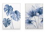 Giftdecor Tableau Toile Cadre Blanc Feuilles Bleu Assortis 50x70x3 cm (Set de 2)