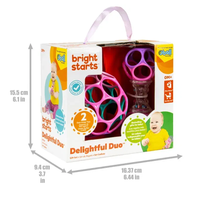 Bright Starts Set Cadeau O'Ball Grasp the Day avec Hochet Oball Shaker et Balle Classique - Coffret 2 Jouets Bébé en Rose, Violet, Turquoise