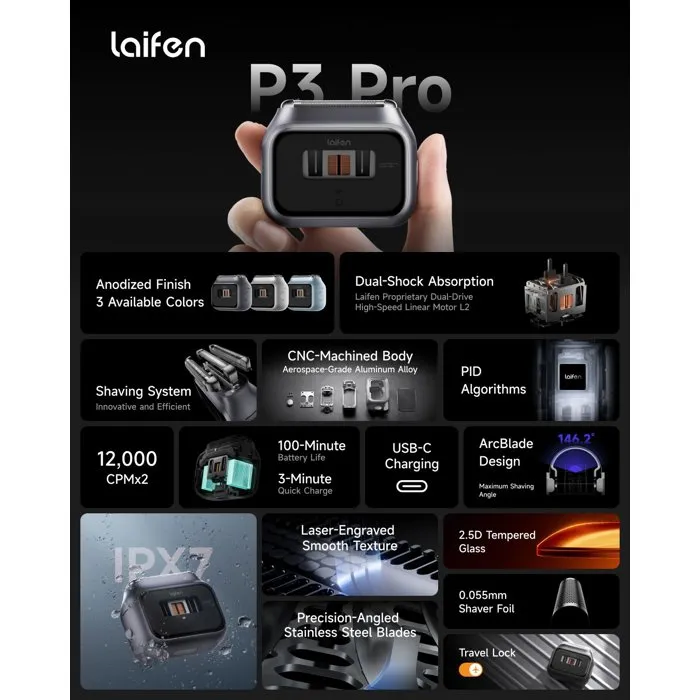 Laifen P3 Pro Rasoir électrique avec moteur linéaire et lame aluminium Laifen P3 Pro Rasoir électrique avec moteur linéaire et lame aluminium