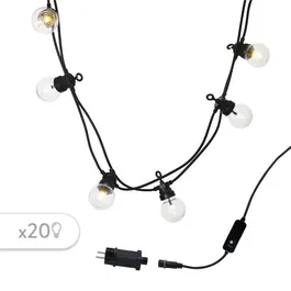 Lumi Jardin Guirlande lumineuse LED extérieure connectable - 20 globes guinguette transparents - 9.6 m - Blanc chaud - 8 modes - Résistante aux intempéries