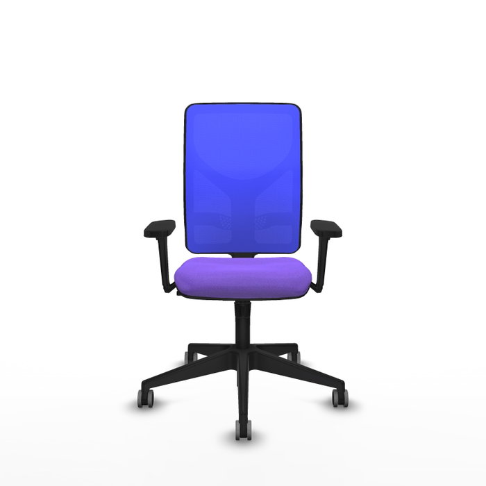 Chaise Motilla Synchro 3 positions tissu Violet Maille Bleu Base pyramidale noire Accoudoir 3D Sans appui-tête Roulettes 65mm pour moquette
