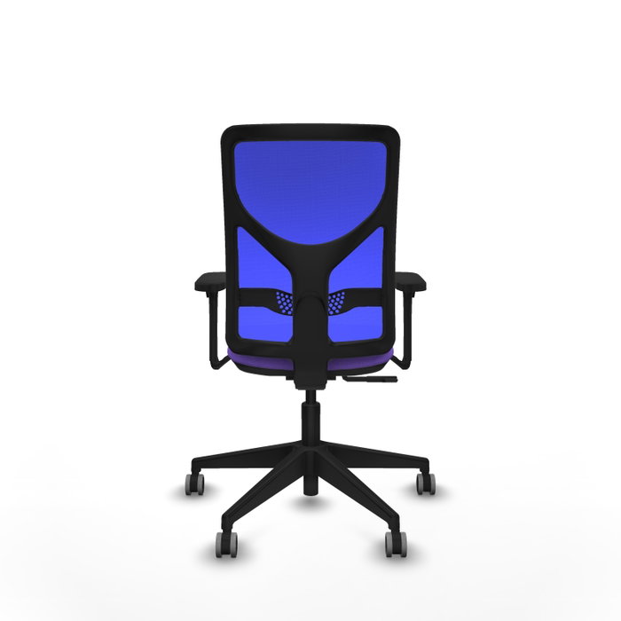 Chaise Motilla Synchro 3 positions tissu Violet Maille Bleu Base pyramidale noire Accoudoir 3D Sans appui-tête Roulettes 65mm pour moquette